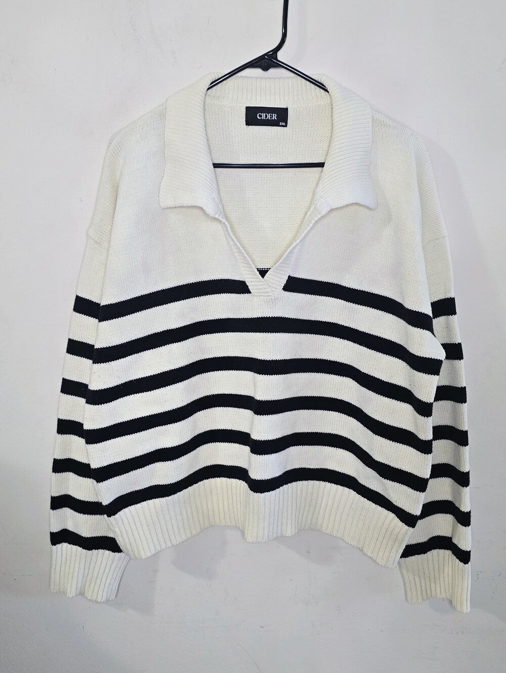 Cider Striped Knit Polo Sweater Womens 2XL Black White Collared V-Neck Plus Size